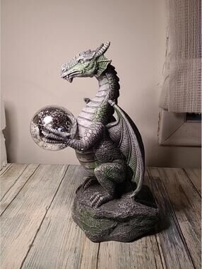 Solar Green And Gray Dragon 10 Inch Statue Resin With Plastic Light Up Ball